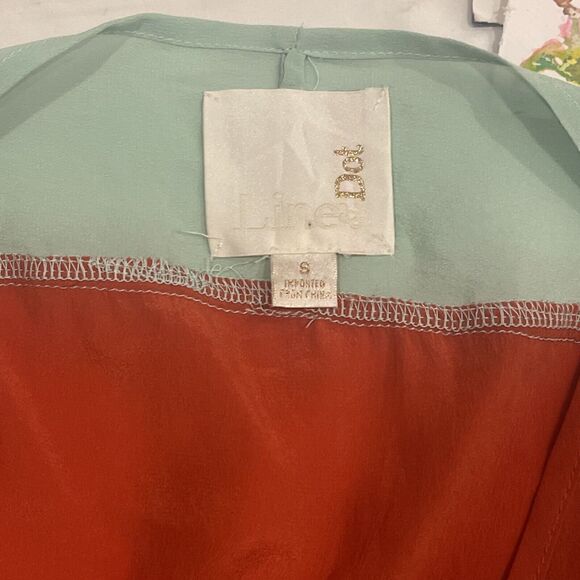 Line and dot silk blouse Color Block orange mint asymmetrical Blouse size s - Picture 6 of 7